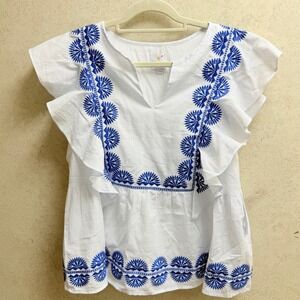 J Marie L NWT Women White Blue Embroidered Ruffle Boho Peasant  V Neck Tunic Top